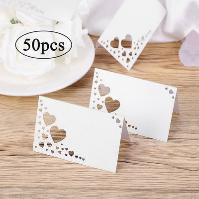 50PCS Paper White Elegant Table Card Heart Hollowed Table Namecard Table Cards Place Cards Wedding Guests Banquet Party Favors - Slobuy