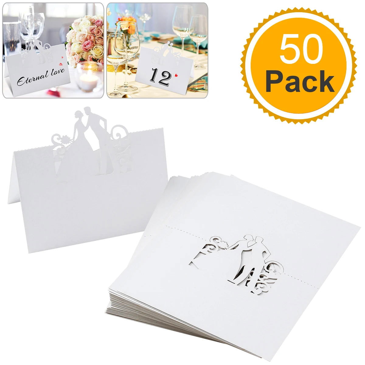 50PCS Paper White Elegant Table Card Heart Hollowed Table Namecard Table Cards Place Cards Wedding Guests Banquet Party Favors - Slobuy