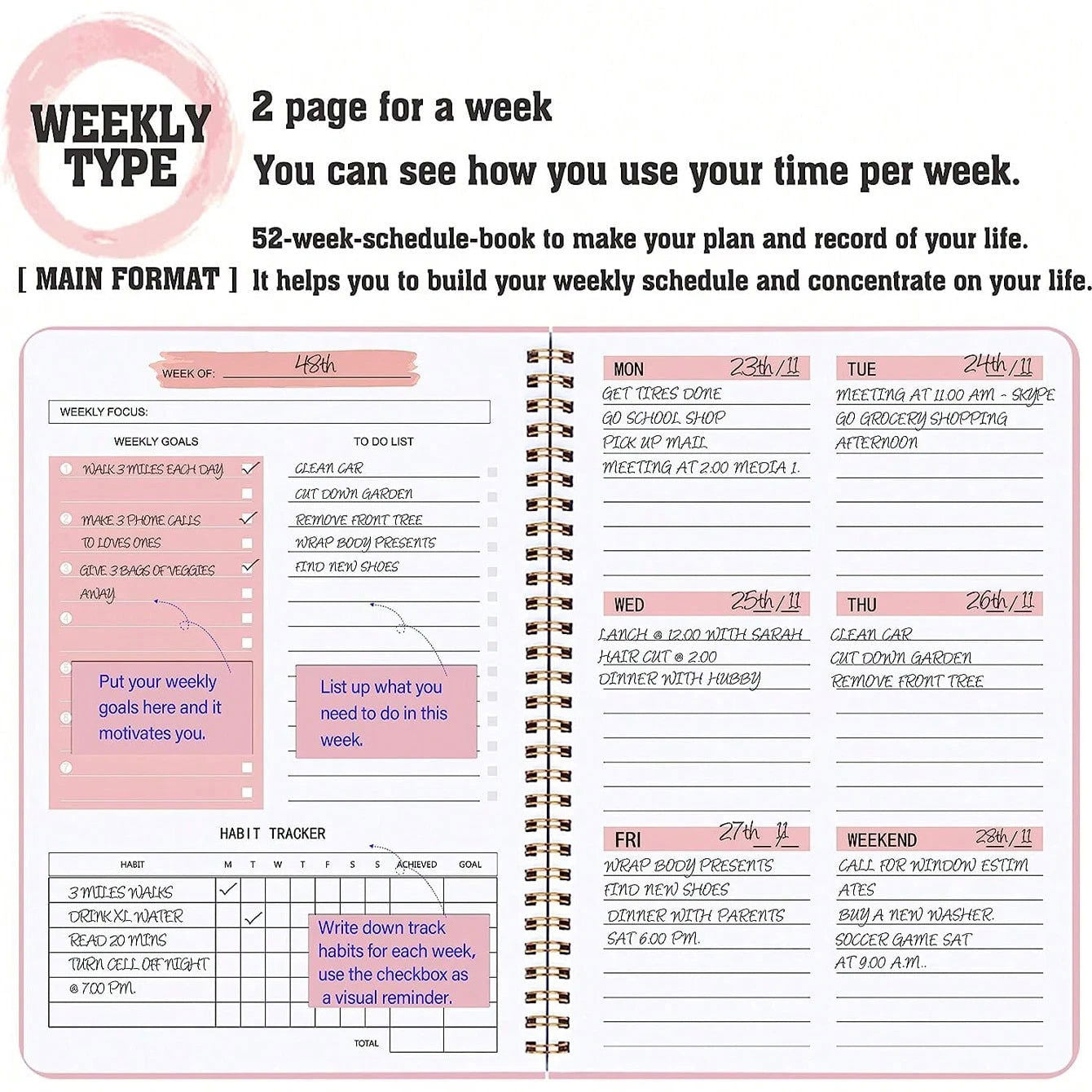52 Weeks Weekly Planner Notebook A5 Undated Spiral Agenda Daily Student Schedules Journal Stationery Office School Supplies - Slobuy