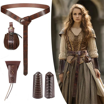 5PCS Halloween Costume Accessories Set Medieval Renaissance Knight Belt Viking Vintage Sac Cosplay Props Leather Waist Belt Set - Slobuy
