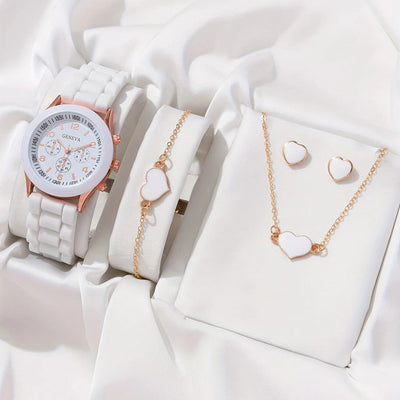 5PCS Set Luxury Watch Women Ring Necklace Earrings Rhinestone Fashion Wristwatch Female Casual Ladies Watches Bracelet Set Clock - Slobuy