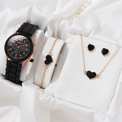5PCS Set Luxury Watch Women Ring Necklace Earrings Rhinestone Fashion Wristwatch Female Casual Ladies Watches Bracelet Set Clock - Slobuy