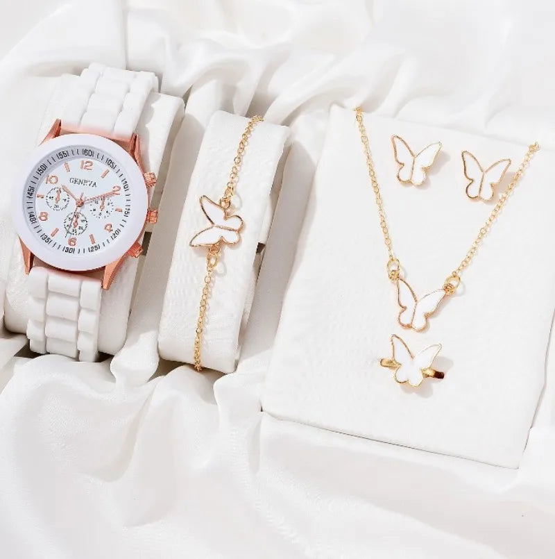 5PCS Set Luxury Watch Women Ring Necklace Earrings Rhinestone Fashion Wristwatch Female Casual Ladies Watches Bracelet Set Clock - Slobuy
