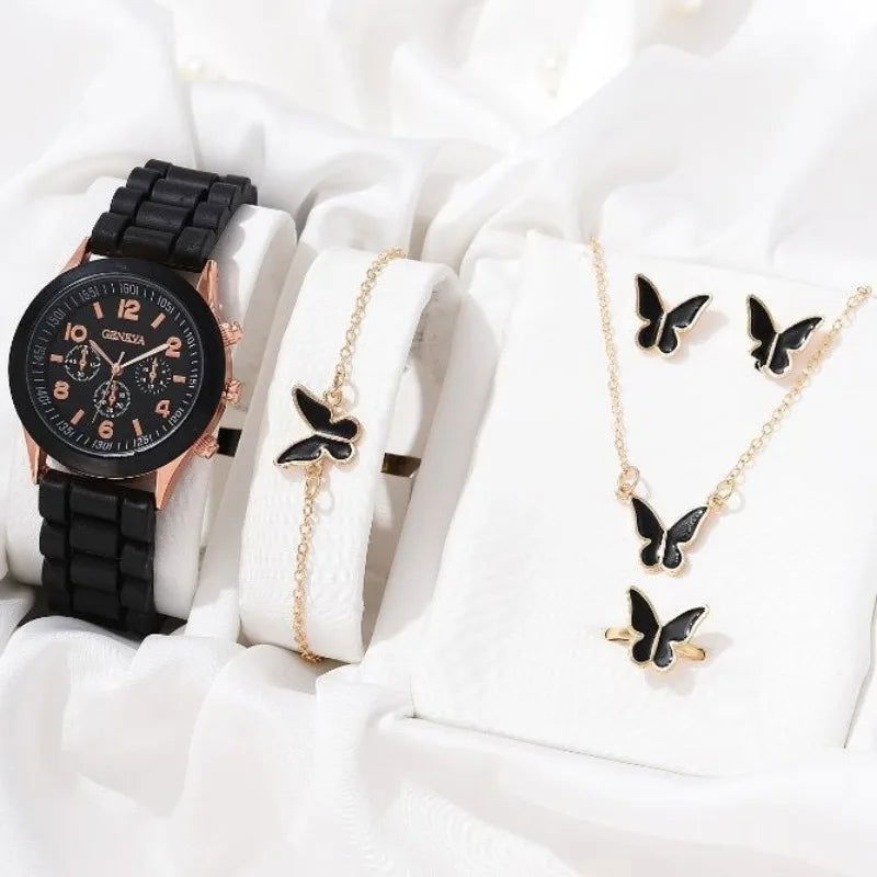 5PCS Set Luxury Watch Women Ring Necklace Earrings Rhinestone Fashion Wristwatch Female Casual Ladies Watches Bracelet Set Clock - Slobuy