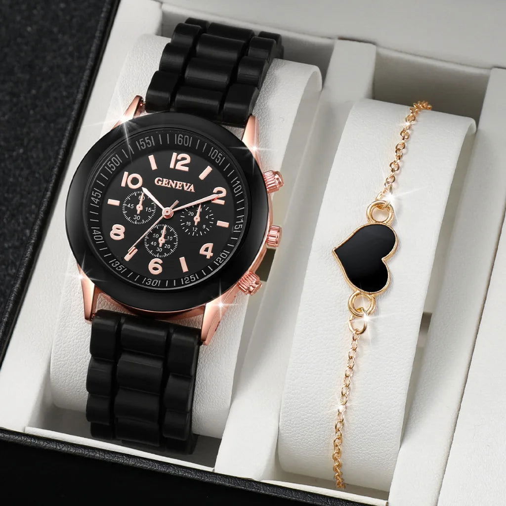5PCS Set Luxury Watch Women Ring Necklace Earrings Rhinestone Fashion Wristwatch Female Casual Ladies Watches Bracelet Set Clock - Slobuy