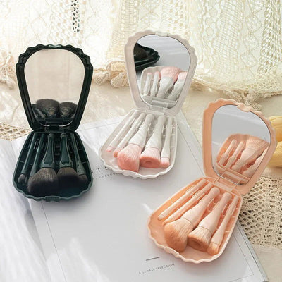 5Pcs Shell Portable Makeup Brush Set HD Mirror Soft Fiber Hair Beauty Tool Repair Brush Lip Brush Full Set Of Cosmetic Brush - Slobuy