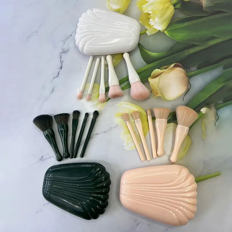 5Pcs Shell Portable Makeup Brush Set HD Mirror Soft Fiber Hair Beauty Tool Repair Brush Lip Brush Full Set Of Cosmetic Brush - Slobuy