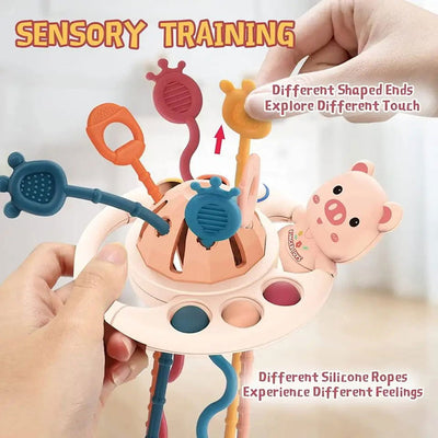 5 IN 1 Pink Pig Silicone Pull String Baby Develop Teething Montessori Sensory Educational Toy Travel Toys For Stroller - Slobuy