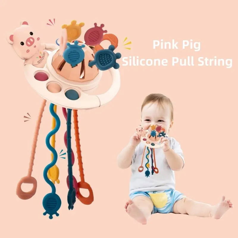 5 IN 1 Pink Pig Silicone Pull String Baby Develop Teething Montessori Sensory Educational Toy Travel Toys For Stroller - Slobuy