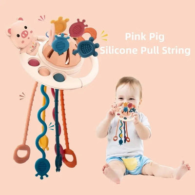 5 IN 1 Pink Pig Silicone Pull String Baby Develop Teething Montessori Sensory Educational Toy Travel Toys For Stroller - Slobuy
