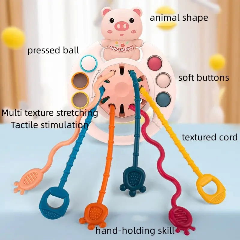 5 IN 1 Pink Pig Silicone Pull String Baby Develop Teething Montessori Sensory Educational Toy Travel Toys For Stroller - Slobuy