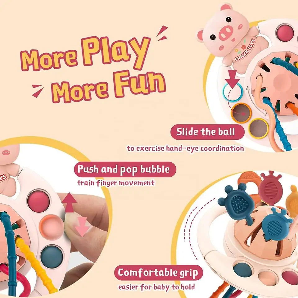 5 IN 1 Pink Pig Silicone Pull String Baby Develop Teething Montessori Sensory Educational Toy Travel Toys For Stroller - Slobuy