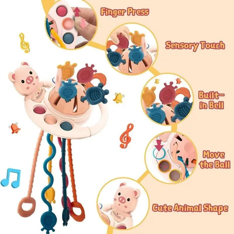 5 IN 1 Pink Pig Silicone Pull String Baby Develop Teething Montessori Sensory Educational Toy Travel Toys For Stroller - Slobuy