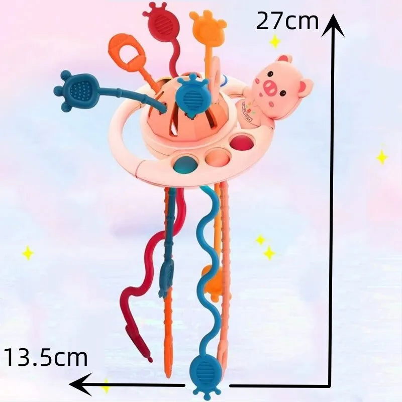5 IN 1 Pink Pig Silicone Pull String Baby Develop Teething Montessori Sensory Educational Toy Travel Toys For Stroller - Slobuy