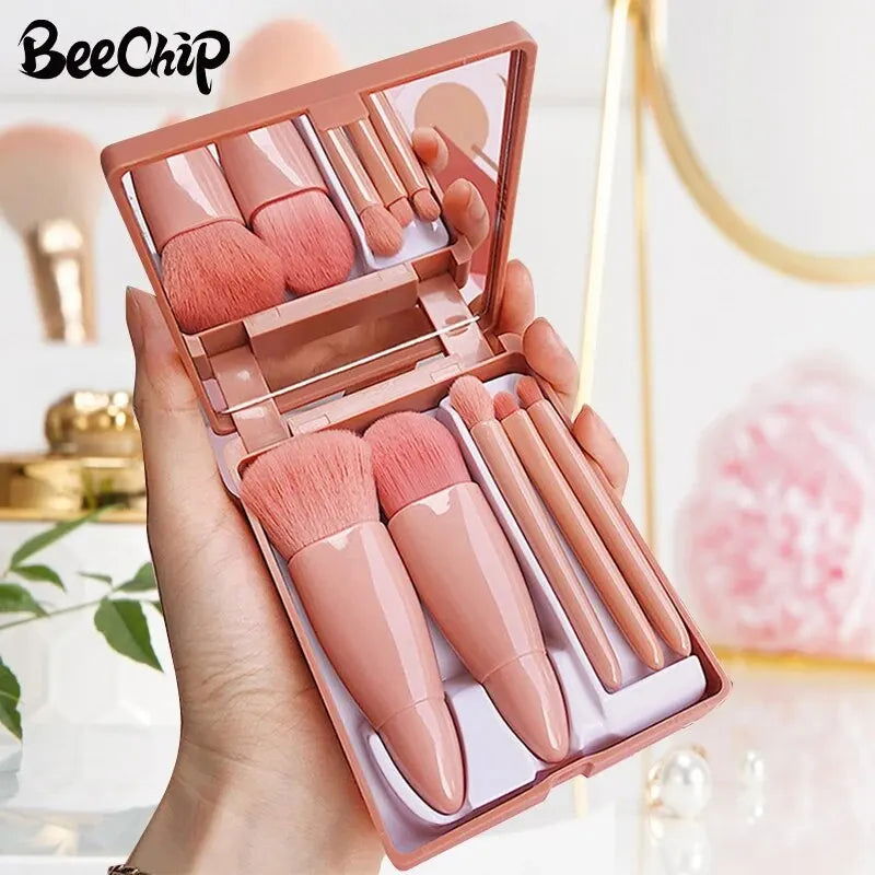 5 PCs Cosmetic Brush Portable Makeup Brush Travel With Mirror Box Makeup Set Brush Loose Brush Blush Brush Eyeshadow Brush - Slobuy