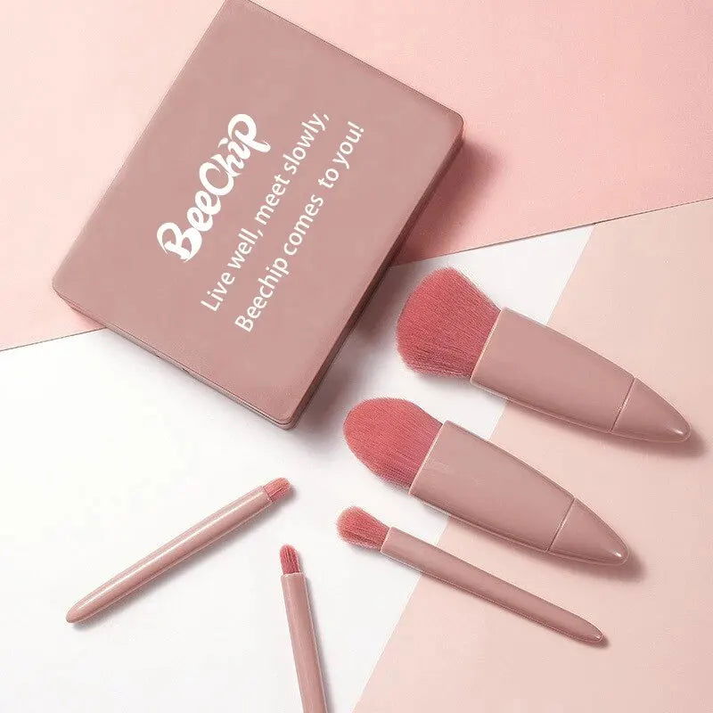 5 PCs Cosmetic Brush Portable Makeup Brush Travel With Mirror Box Makeup Set Brush Loose Brush Blush Brush Eyeshadow Brush - Slobuy