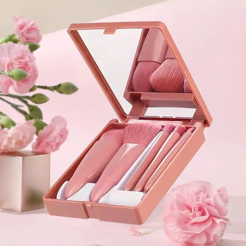 5 PCs Cosmetic Brush Portable Makeup Brush Travel With Mirror Box Makeup Set Brush Loose Brush Blush Brush Eyeshadow Brush - Slobuy