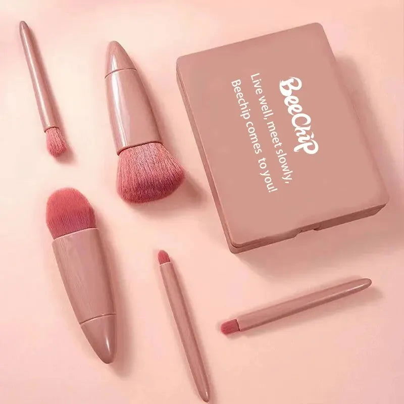 5 PCs Cosmetic Brush Portable Makeup Brush Travel With Mirror Box Makeup Set Brush Loose Brush Blush Brush Eyeshadow Brush - Slobuy