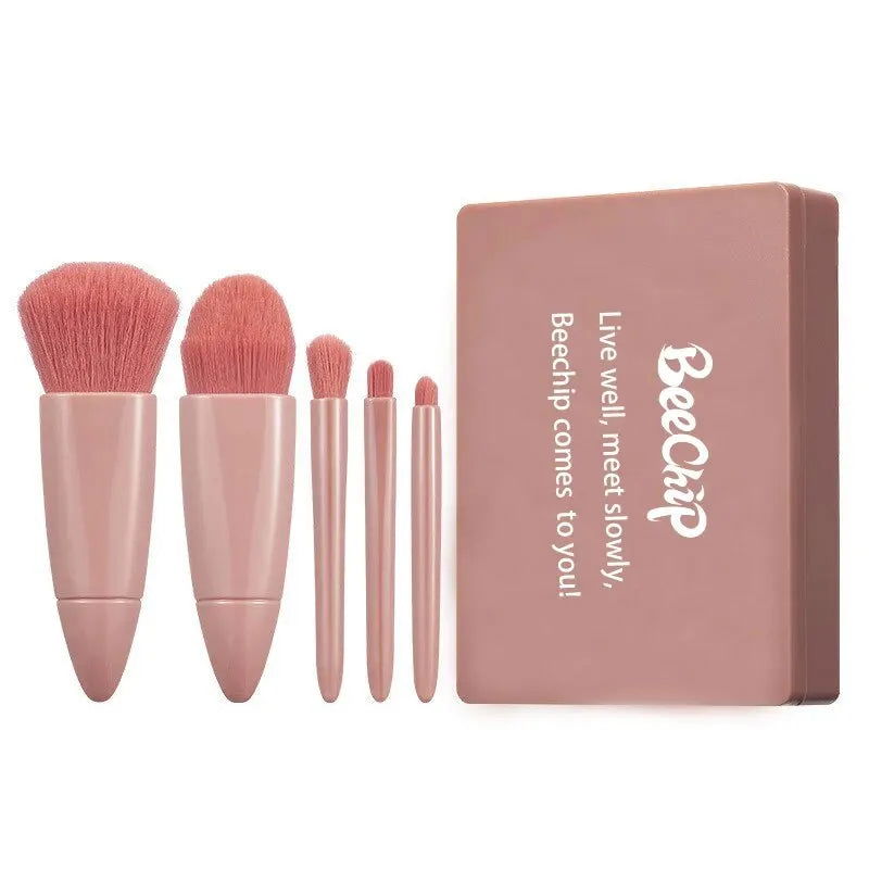 5 PCs Cosmetic Brush Portable Makeup Brush Travel With Mirror Box Makeup Set Brush Loose Brush Blush Brush Eyeshadow Brush - Slobuy
