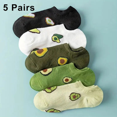 5 Pairs Avocado Crew Ankle Socks Cartoon Fresh Fashion Breathable Summer And Autumn Kawaii Comforts Women's Low Cut Boat Socks - Slobuy