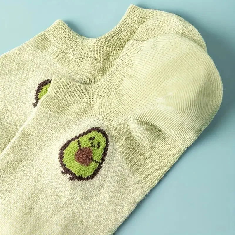 5 Pairs Avocado Crew Ankle Socks Cartoon Fresh Fashion Breathable Summer And Autumn Kawaii Comforts Women's Low Cut Boat Socks - Slobuy