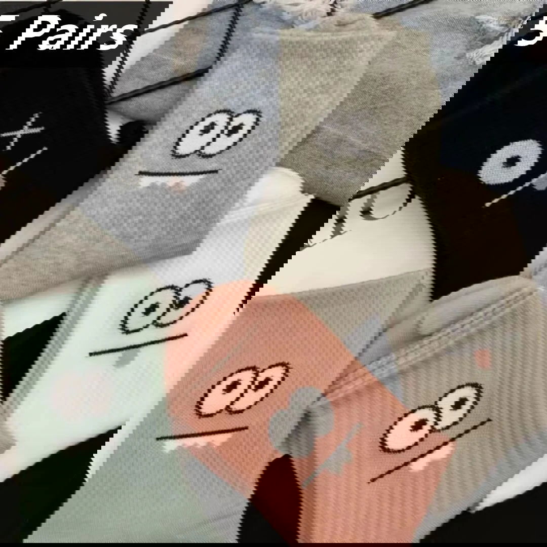 5 Pairs Cute Expression Print Socks, Comfy & Funny All-match Mid Tube Socks, Women's Stockings & Hosiery - Slobuy