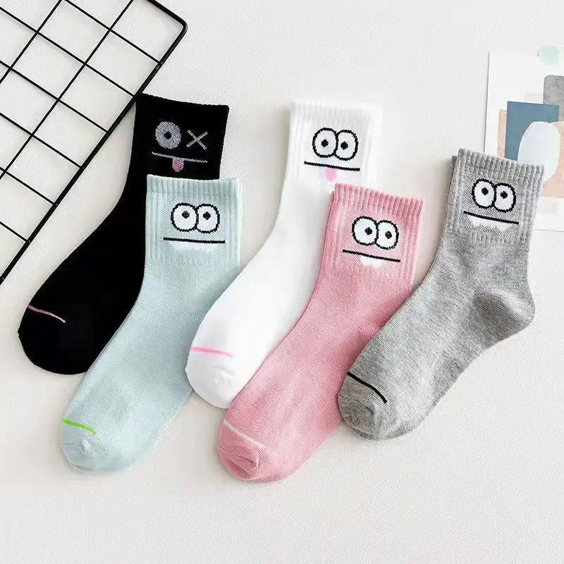 5 Pairs Cute Expression Print Socks, Comfy & Funny All-match Mid Tube Socks, Women's Stockings & Hosiery - Slobuy