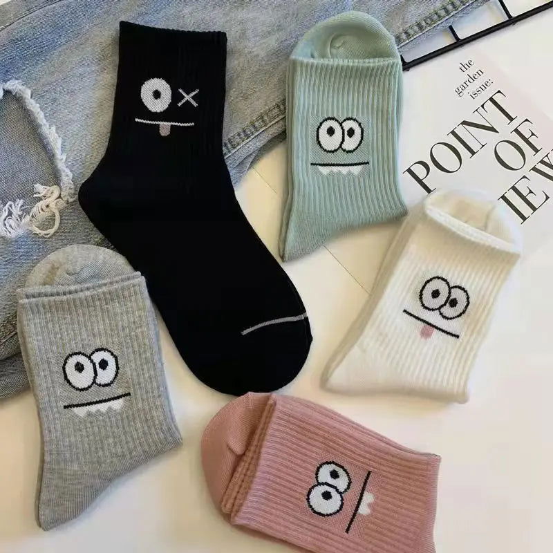 5 Pairs Cute Expression Print Socks, Comfy & Funny All-match Mid Tube Socks, Women's Stockings & Hosiery - Slobuy