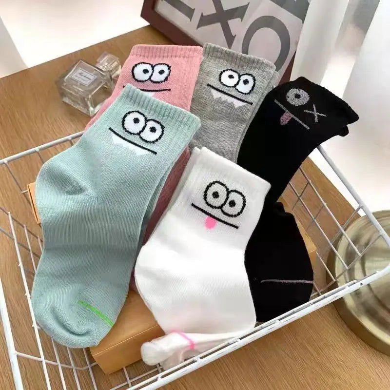 5 Pairs Cute Expression Print Socks, Comfy & Funny All-match Mid Tube Socks, Women's Stockings & Hosiery - Slobuy