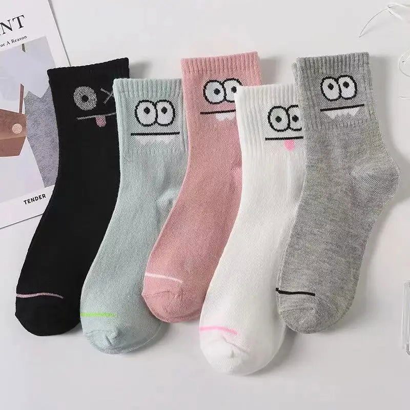 5 Pairs Cute Expression Print Socks, Comfy & Funny All-match Mid Tube Socks, Women's Stockings & Hosiery - Slobuy