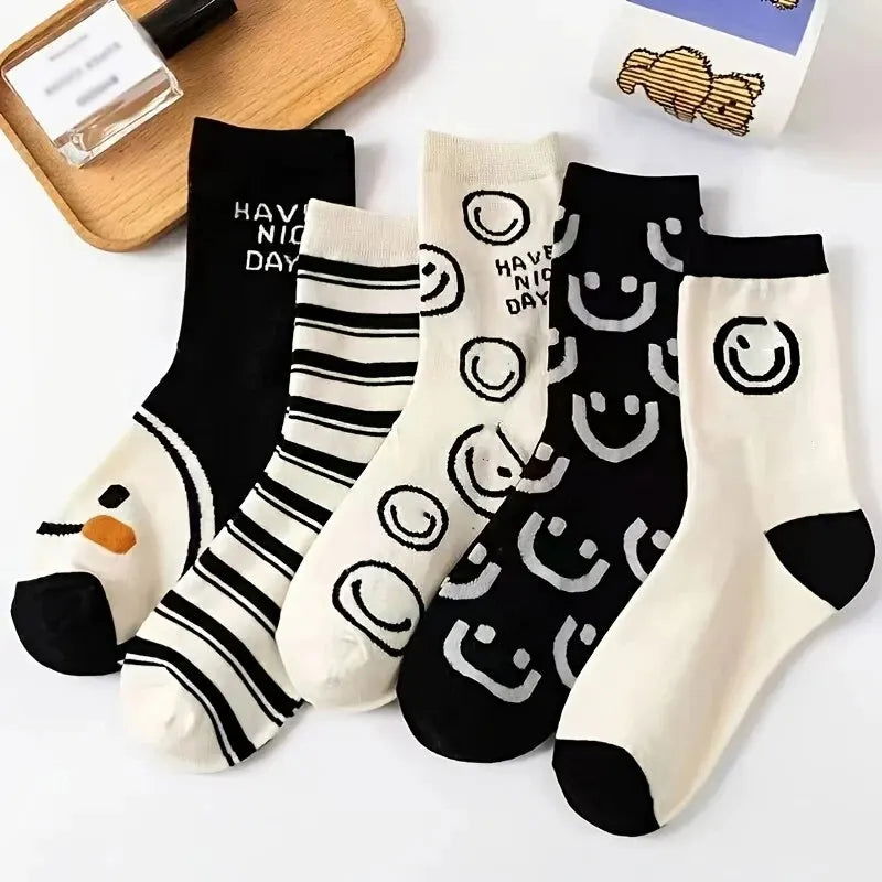 5 Pairs Cute Expression Print Socks, Comfy & Funny All-match Mid Tube Socks, Women's Stockings & Hosiery - Slobuy