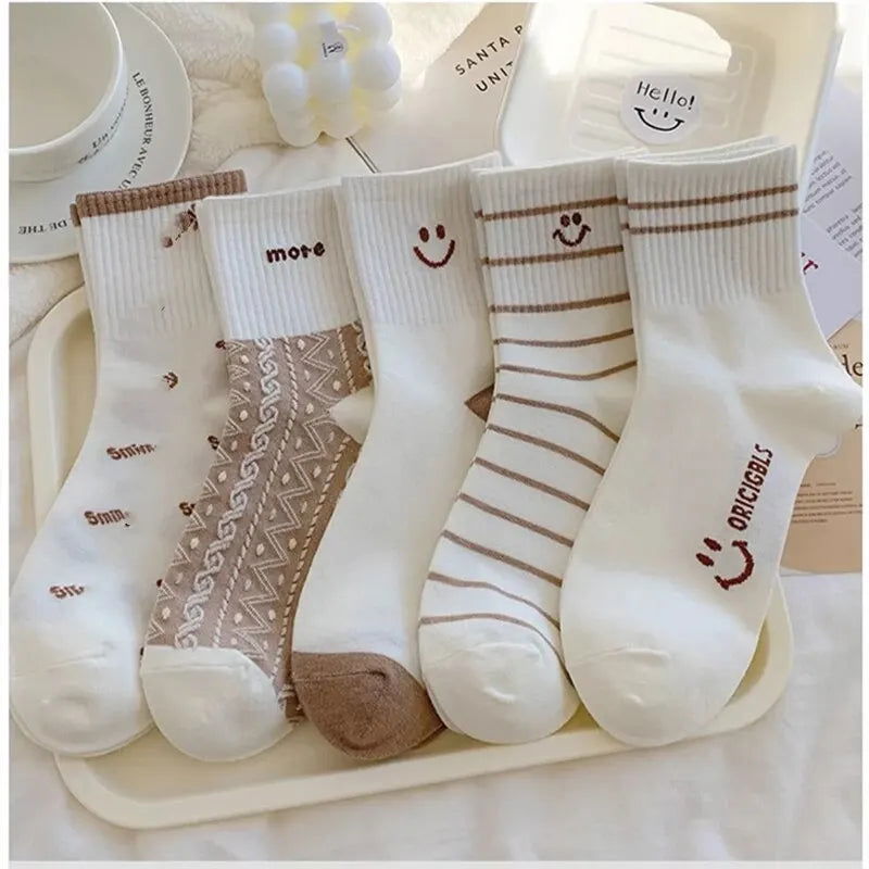 5 Pairs Cute Expression Print Socks, Comfy & Funny All-match Mid Tube Socks, Women's Stockings & Hosiery - Slobuy