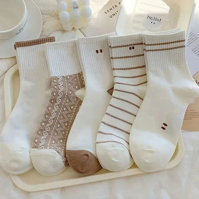 5 Pairs Cute Smiling Print Socks, Comfy & Soft Crew Sports Socks, Women's Stockings & Hosiery - Slobuy