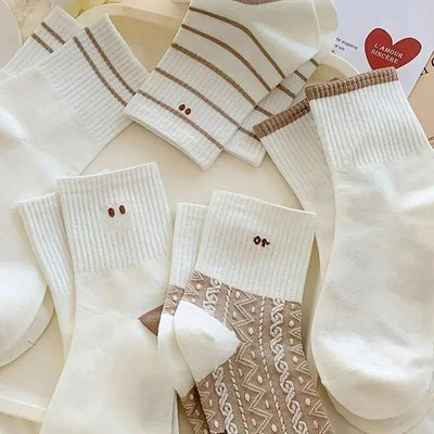 5 Pairs Cute Smiling Print Socks, Comfy & Soft Crew Sports Socks, Women's Stockings & Hosiery - Slobuy