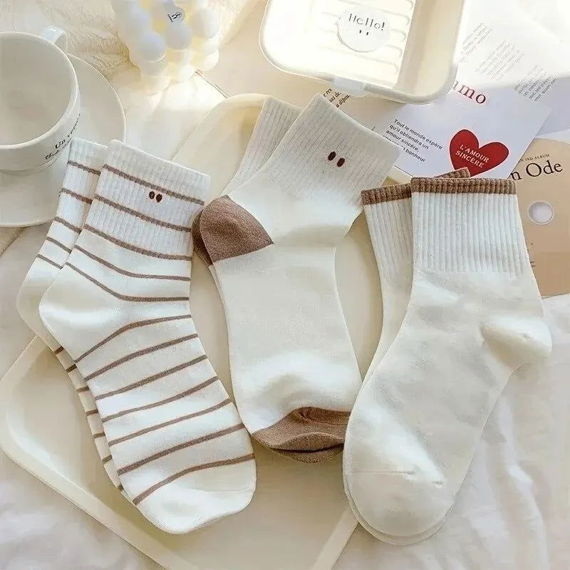5 Pairs Cute Smiling Print Socks, Comfy & Soft Crew Sports Socks, Women's Stockings & Hosiery - Slobuy
