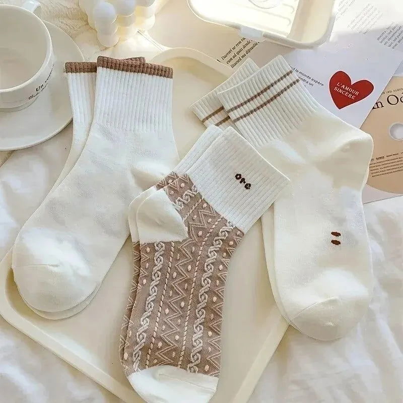 5 Pairs Cute Smiling Print Socks, Comfy & Soft Crew Sports Socks, Women's Stockings & Hosiery - Slobuy