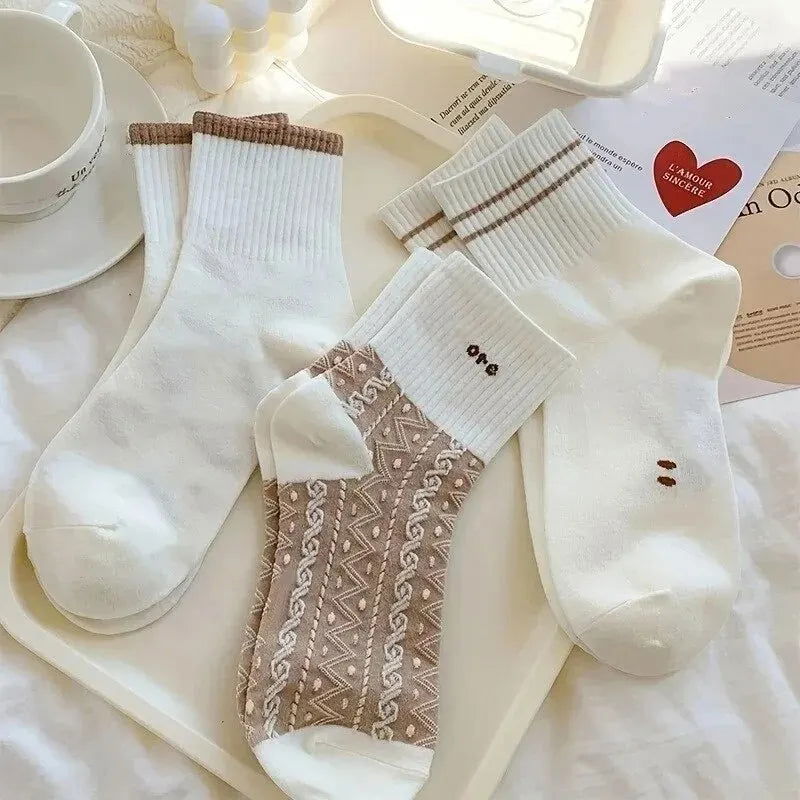 5 Pairs Cute Smiling Print Socks, Comfy & Soft Crew Sports Socks, Women's Stockings & Hosiery - Slobuy