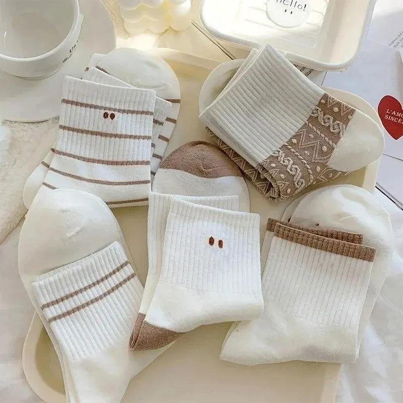5 Pairs Cute Smiling Print Socks, Comfy & Soft Crew Sports Socks, Women's Stockings & Hosiery - Slobuy