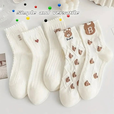 5 Pairs Medium Socks Women's Ins Japanese Korean Socks Cartoon Stripes Girls' Harajuku Socks Autumn Knitted High-quality Socks - Slobuy