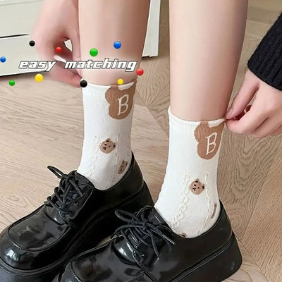 5 Pairs Medium Socks Women's Ins Japanese Korean Socks Cartoon Stripes Girls' Harajuku Socks Autumn Knitted High-quality Socks - Slobuy
