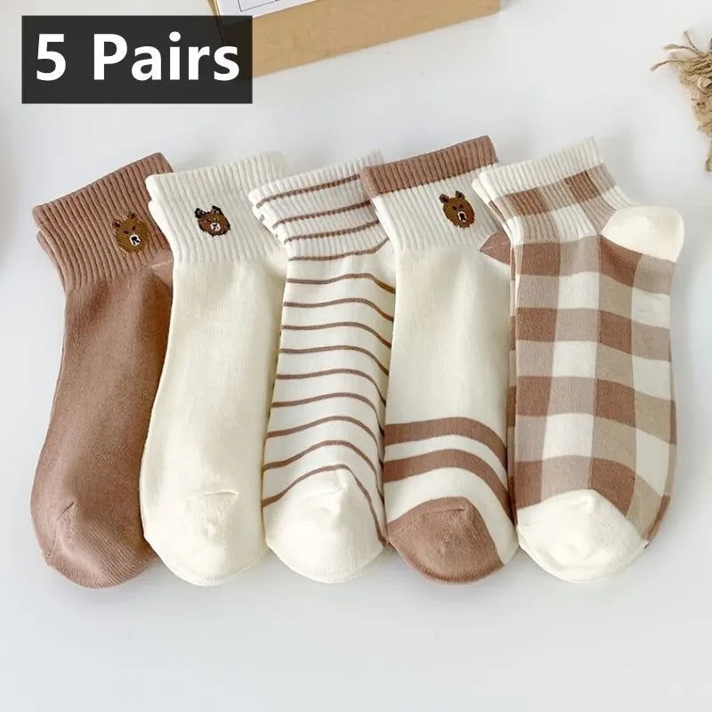 5 Pairs Teddy Bear Ankle Socks, Comfy Cute Crew Short Socks, Women's Stocking & Hosiery - Slobuy