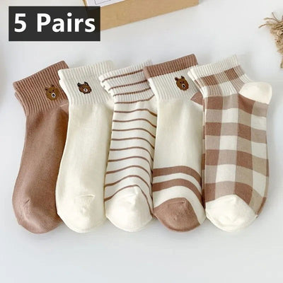 5 Pairs Teddy Bear Ankle Socks, Comfy Cute Crew Short Socks, Women's Stocking & Hosiery - Slobuy
