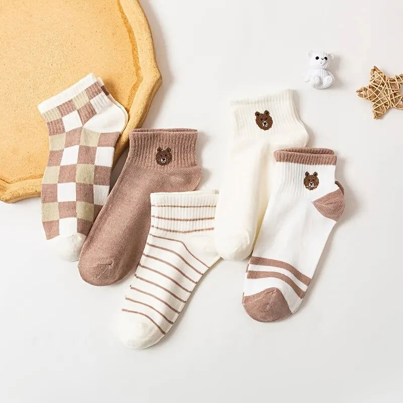 5 Pairs Teddy Bear Ankle Socks, Comfy Cute Crew Short Socks, Women's Stocking & Hosiery - Slobuy