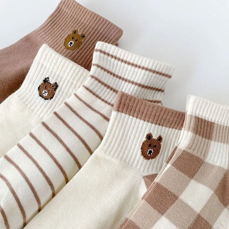 5 Pairs Teddy Bear Ankle Socks, Comfy Cute Crew Short Socks, Women's Stocking & Hosiery - Slobuy