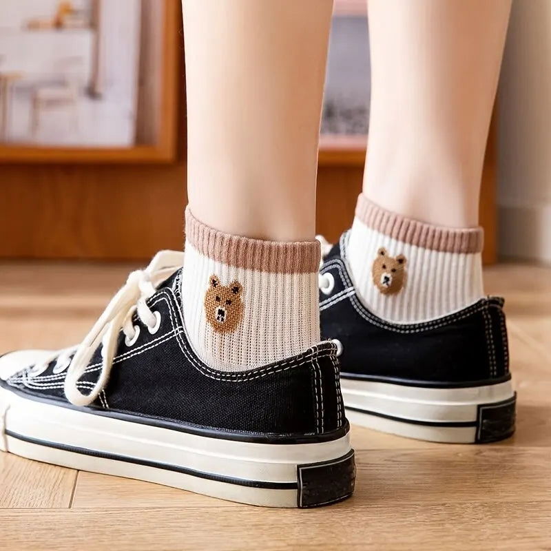 5 Pairs Teddy Bear Ankle Socks, Comfy Cute Crew Short Socks, Women's Stocking & Hosiery - Slobuy