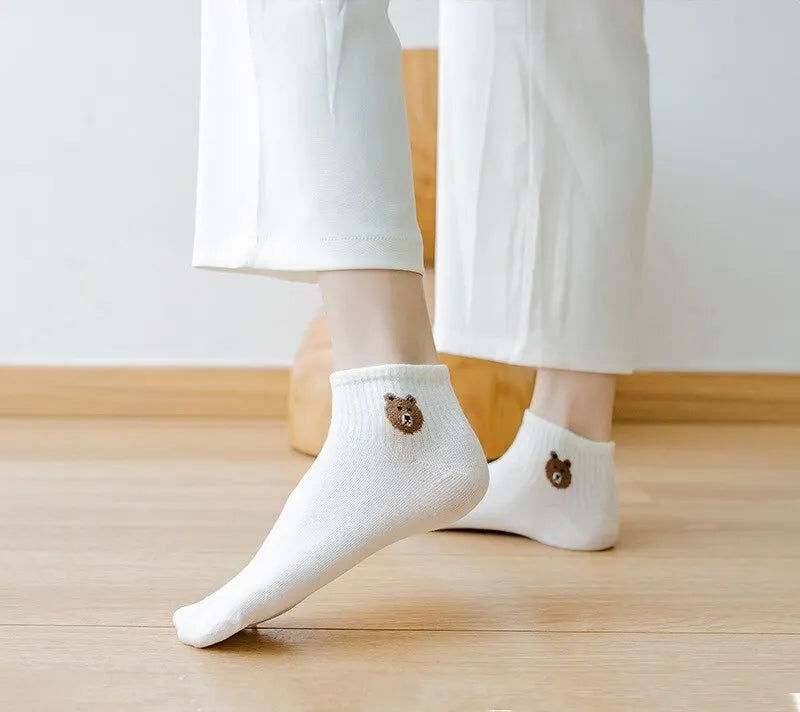 5 Pairs Teddy Bear Ankle Socks, Comfy Cute Crew Short Socks, Women's Stocking & Hosiery - Slobuy
