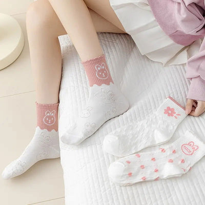 5 Pairs Women Middle Tube Socks Heart Cute Fashion Casual White Four Season Ruffles Pattern Pink Harajuku Kawaii Girls - Slobuy