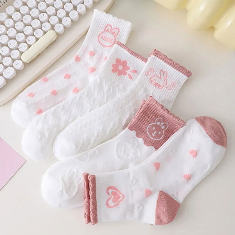 5 Pairs Women Middle Tube Socks Heart Cute Fashion Casual White Four Season Ruffles Pattern Pink Harajuku Kawaii Girls - Slobuy
