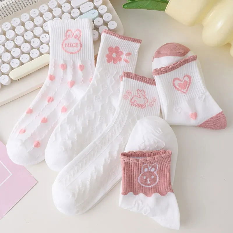 5 Pairs Women Middle Tube Socks Heart Cute Fashion Casual White Four Season Ruffles Pattern Pink Harajuku Kawaii Girls - Slobuy