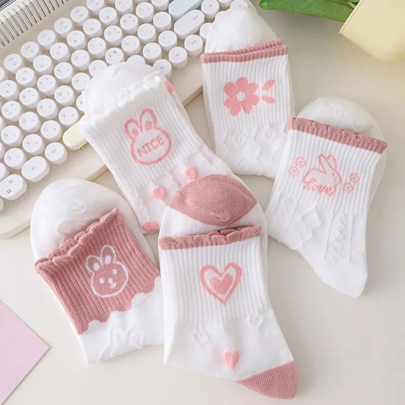 5 Pairs Women Middle Tube Socks Heart Cute Fashion Casual White Four Season Ruffles Pattern Pink Harajuku Kawaii Girls - Slobuy